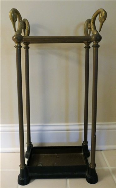 Heavy Brass and Iron Cane Stand with Swan Heads - Measures 29" tall 14" by 9"