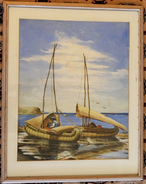 Watercolor Painting of Boats - Framed and Matted - Frame Measures 30" by 23 1/2"