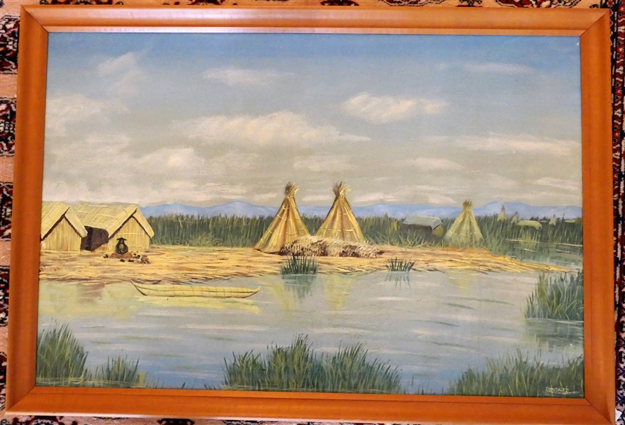 Gonzales Artist Signed Painting on Canvas of Water and Teepees - Framed - Frame Measures 29" by 42"