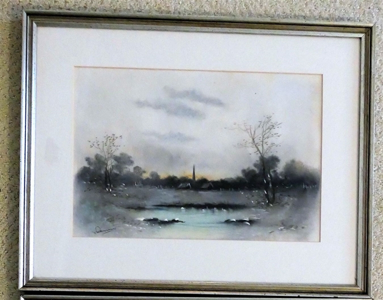 Artist Signed Watercolor of Buildings Overlooking A Pond - Framed and Matted - Frame Measures 15 1/2" by 19 3/4"
