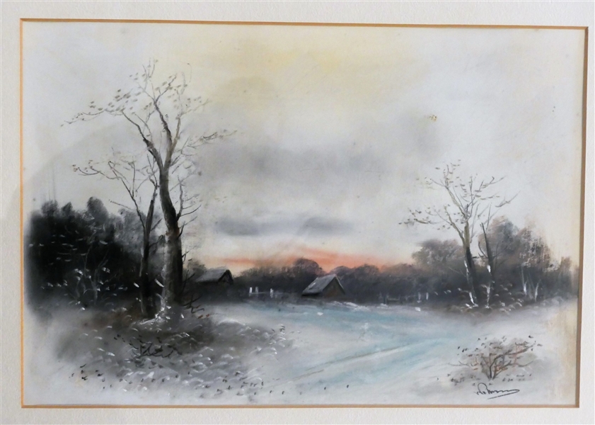 Artist Signed Watercolor of Sunset Farm Scene - Framed and Matted - Some Staining on Mat - Frame Measures 15 1/2" by 19 3/4"