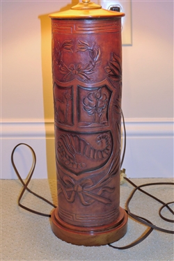 Pair of Leather Wrapped Cylindrical Table Lamps with Shields - Each Measures 22 Tall to Bulb