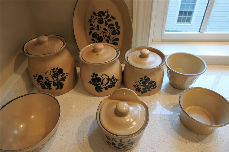 Pfaltzgraff China Pieces including Canister Set, Salt Box, Bowls, and 14" Platter - 1 Canister Lid is Chipped 