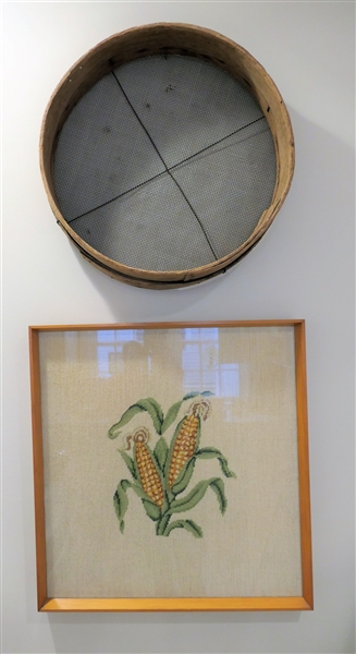 Large Sifter and Corn Needle Point - Framed - Sifter Measures 19" Across Frame Measures 21 3/4" by 2 3/4"
