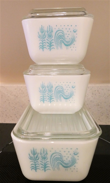 3 Pyrex Refrigerator Dishes with Roosters- Glass Lids - 2 Smaller Measure 4 1/8" by 3 1/8" 