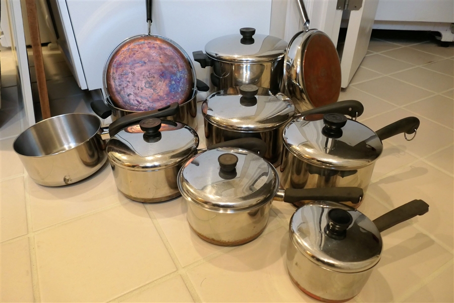 Large Lot of Revere Ware Cookware including Stock Pot, Frying Pans, and Various Size Pots with Lids - 2 Smallest Pieces are Copper Clad - NOT Revere Ware