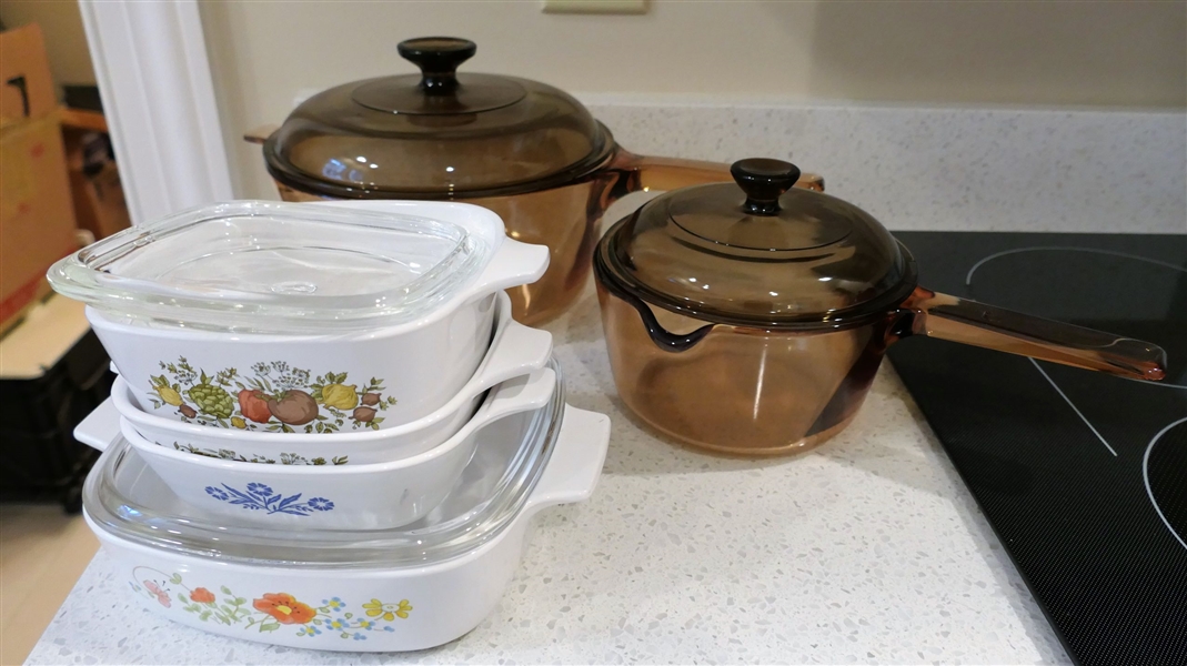 2 Vision Ware Pots with Lids and 4 Corning Ware Casseroles with 2 Lids - Smallest Dish is 1 3/4 Cups Largest Pot 2.5L