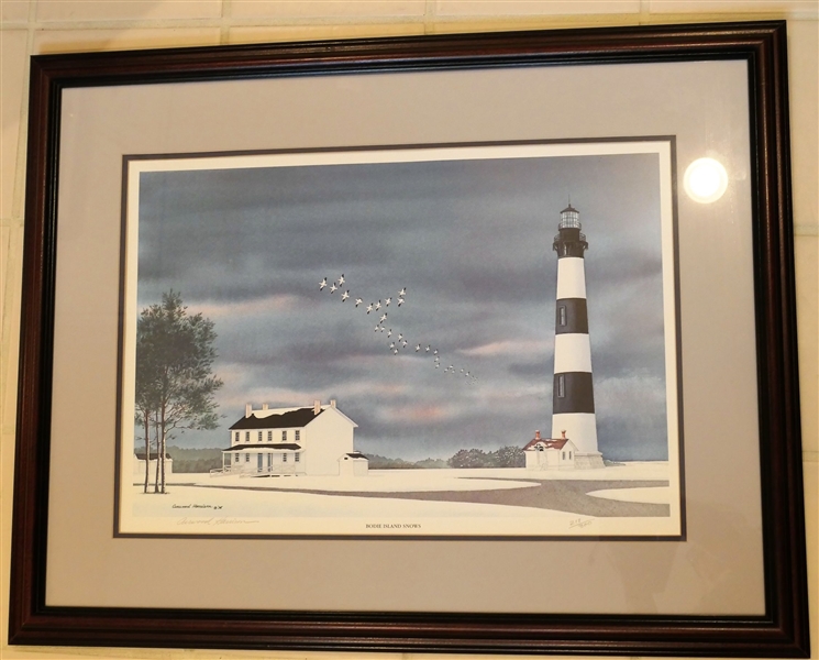 Bodie Island Snows by Curwood Harrison Pencil Signed and Numbered Print 218/300- Framed and Matted - Frame Measures 29 1/2" by 23"
