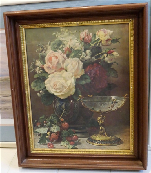 Walnut Shadow Box Frame with Print of Roses - Frame Interior Measures 19 1/2" by 15 1/4"