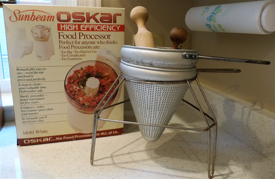 Sunbeam Oskar High Efficiency Food Processor in Original Box and 2 - Cone Strainers with Pestles - 1 Stand