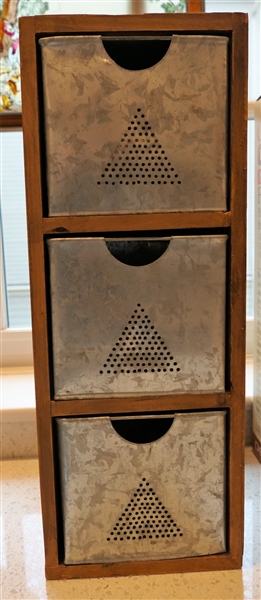 Small Wood Storage Box with Galvanized Drawers - Pierced Triangles - Measures 14 1/2" tall 5 1/2" by 6 1/4"