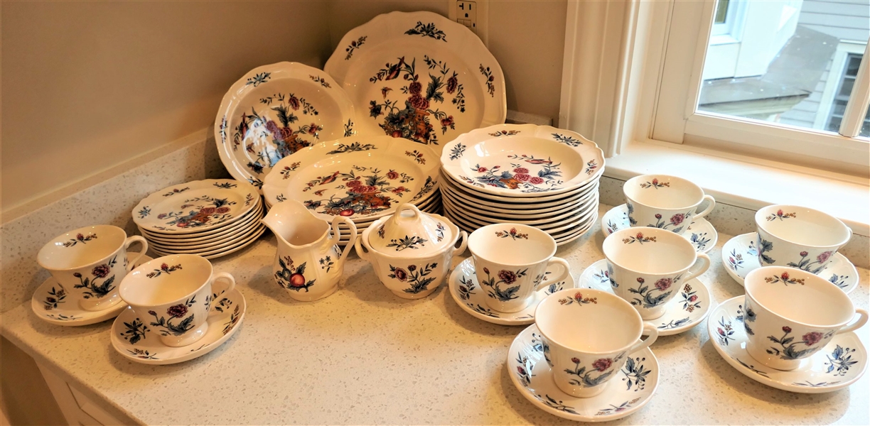 42 Pieces of Williamsburg Wedgwood "Potpourri" China including 13 1/2" Platter, 9 3/4" Vegetable Bowl, 10" and 6 1/2" Plates 8 1/4" Cream Soups, and Cup and Saucer Sets