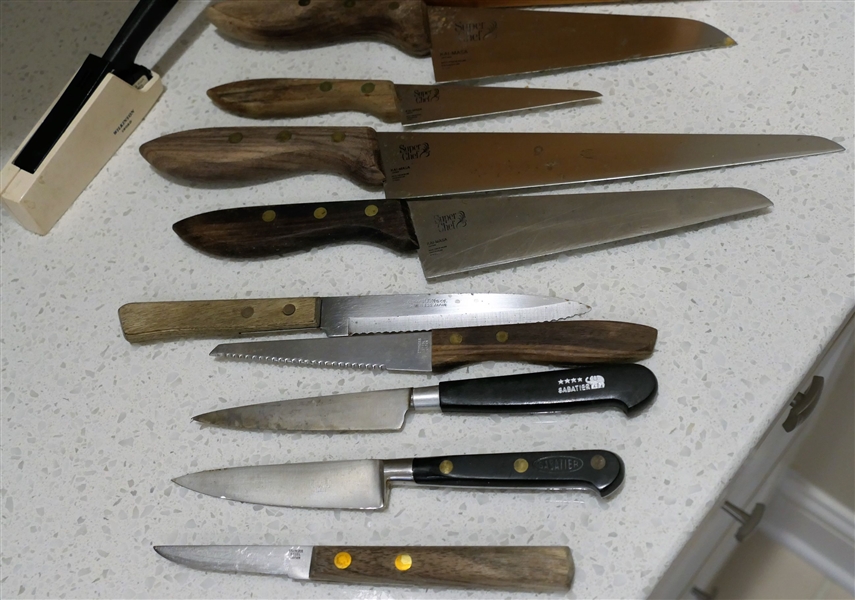Lot of Kitchen Knives including Ecko Forge Knife Box with Knives, Super Chef Japanese Knives, Wilkinson Sword Knife in Scabbard, and Sabatier Knives