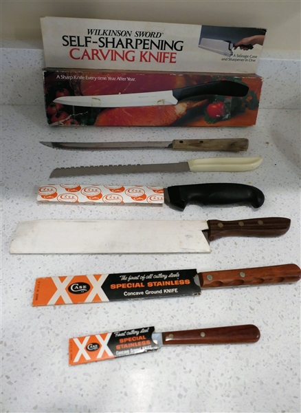 Lot of Knives including Case XX, Tendron Swords, W.R. Feemaster, Forgecraft, and Wilkinson Sword Self Sharpening Carving Knife in Original Box - Case Knives include 211 CP, CAP 283, 507, 