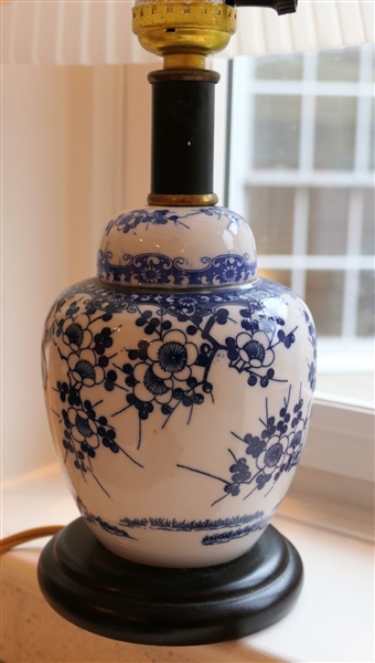 Small Blue and White Ginger Jar Style Lamp - Measures 14" Tall - Hard Plastic Shade