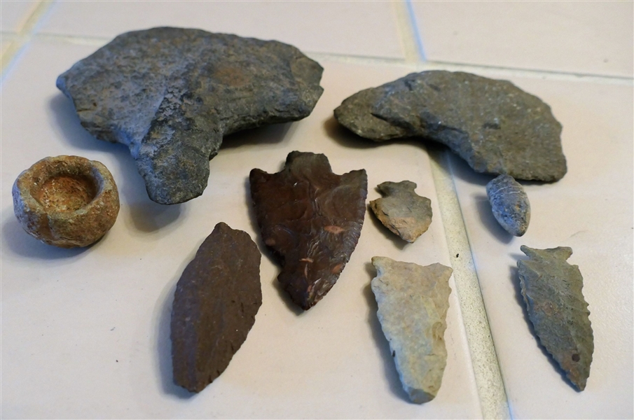 Lot of Indian Artifacts including Tomahawk, Scraper, Arrow Heads, and Paint Pot - Also Including Civil War Bullet - Tomahawk Measures 5" by 4 3/4"