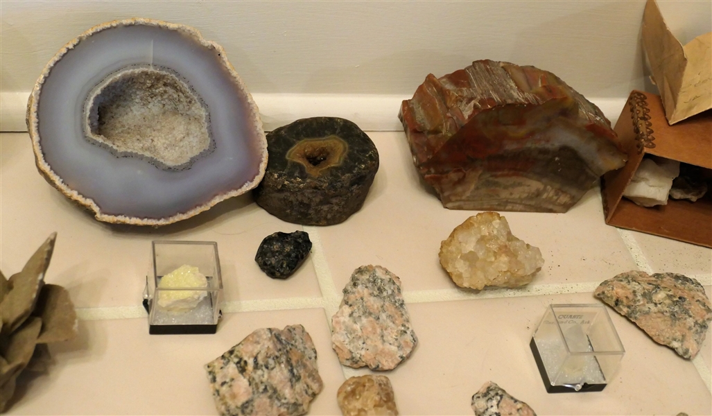 Lot of Rocks and Petrified Wood - including Desert Rose Stone, Quartz, Sulphur, and Other Stone and Core Specimens - Petrified Wood Measures 3 1/2" tall 5 1/2" by 2 1/2"