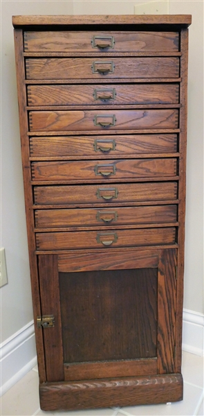 Oak Map or Specimen Cabinet - 9 Drawers and Cabinet - Measures 43 1/2" tall 17" by 12 1/4"