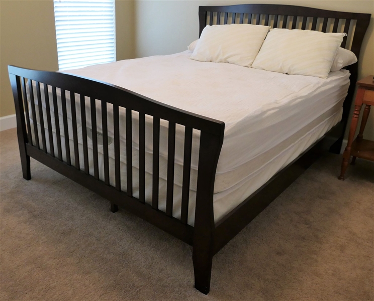Dark Finish Queen Size Bed with Bedding  - Like New