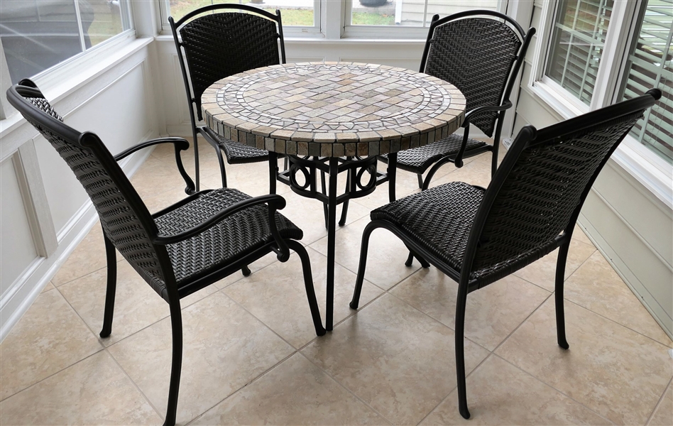 Patio Set with Stone Mosaic Top Table and 4 Chairs 2 Are Captains Chairs - Table Measures 29" tall 36" Across