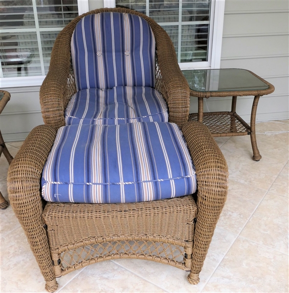 Light Brown Resin Wicker Club Chair, Matching Ottoman, and Glass Top Side Table Chair Measures 36" tall 29" by 30"  - Table Measures 20" tall 22" by 22" - Excellent Condition - From Enclosed Sun Room 