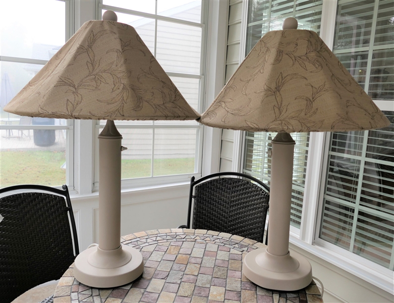 Pair of Outdoor Patio Lamps - with Washable Shades - Fully Enclosed Bulbs - Long Cords - Measuring 36" tall - One Has Dent At Base 