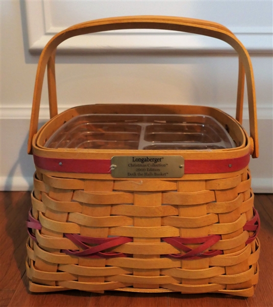 Longaberger Christmas Collection 2000 Edition "Deck the Halls Basket" with Plastic Divided Inserts and Liner - Measures 6" tall 9" by 9" - Not Including Handles