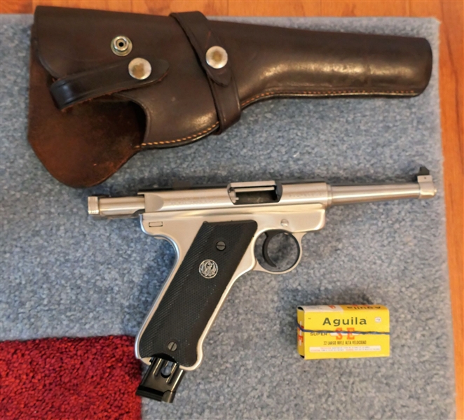 Ruger MK II Stainless Steel Pistol -.22 Caliber LR  - With Magazine and Leather Holster