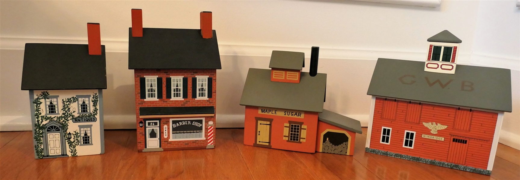 4 Windfield Designs New York - Wood Building Banks - "Barber Shop" "1316 Barn" "Maple Sugar" and "Antiques" - Barn Measures 7" tall 7" by 5 1/4"