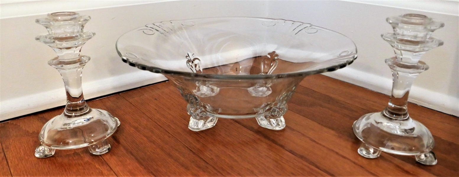 Heisey Elegant Glass Console Bowl and Pair Candle Sticks - Bowl Measures 4" tall 11" Across Candle Sticks Measure 5 1/2" Tall 