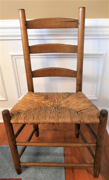 Rush Bottom Ladder Back Chair - Knife Marks on Spindles - Seat Made From Cattails - Measures 34" tall 18 1/2" by 13"