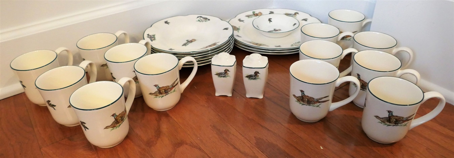 25 Pieces of Johnson Brothers "Brookshire" China including Mugs, 3 Dinner Plates, Soup Bowls, and Salt and Pepper Shakers