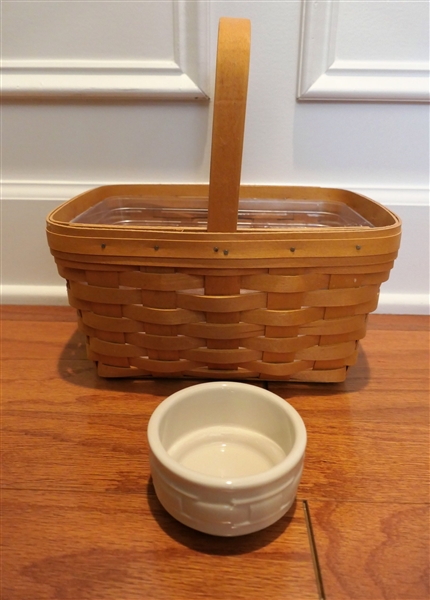 Longaberger Basket with 2 Inserts - Liner and Hard Plastic Divided Insert and Longaberger Pottery Ramekin - Basket Measures 6" tall 11" by 7 3/4" - Not including Handle