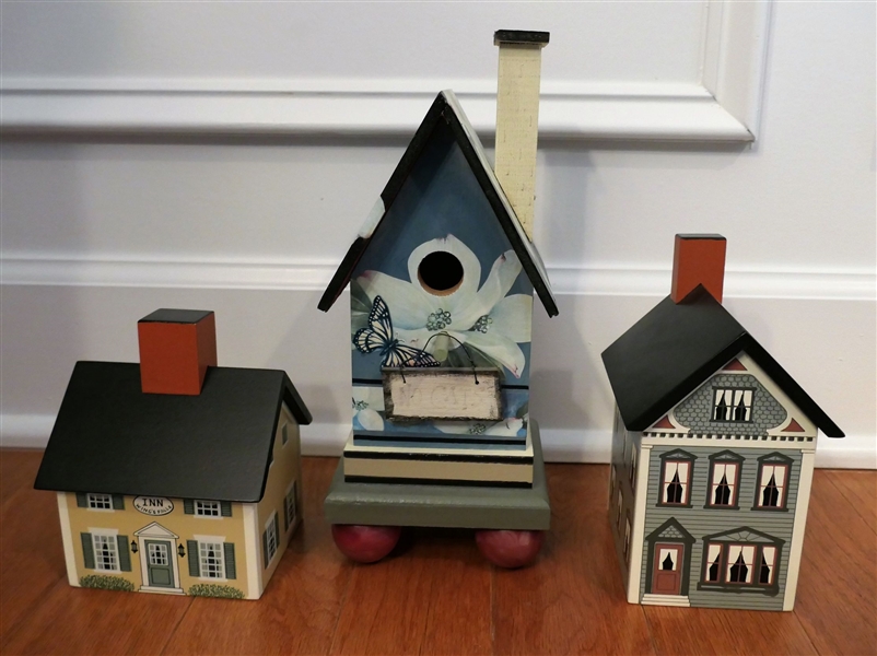 2 Winfield Designs Wood Bank Buildings and Hand painted Magnolia Flower Bird House - Largest Bank Measures 7" tall 4" by 4"