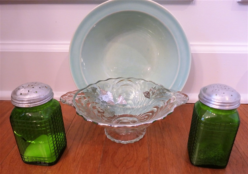 Green Luray Pastel Bowl, Pair of Green Depression Shakers (One is Cracked) and Silver Overlay Footed Bowl - Luray Bowl Measures 3" tall 9 1/4" Across