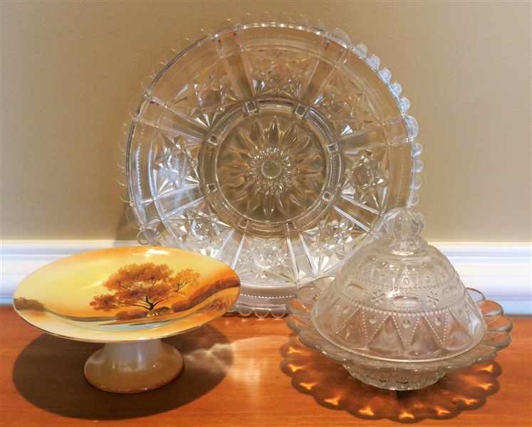 Press Glass Butter Dish, Plate, and Hand Painted Nippon Footed Dish - Nippon Measures 2 3/4" tall 6 1/2" Across