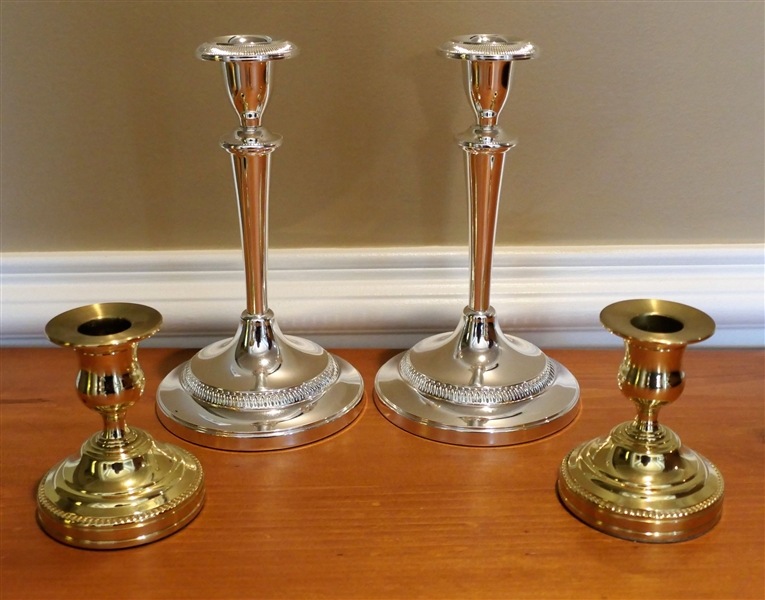Pair of Baldwin Smithsonian Brass Candle Sticks 3 1/2" tall and Pair of Silver Plate Candle Sticks 7 3/4" Tall 