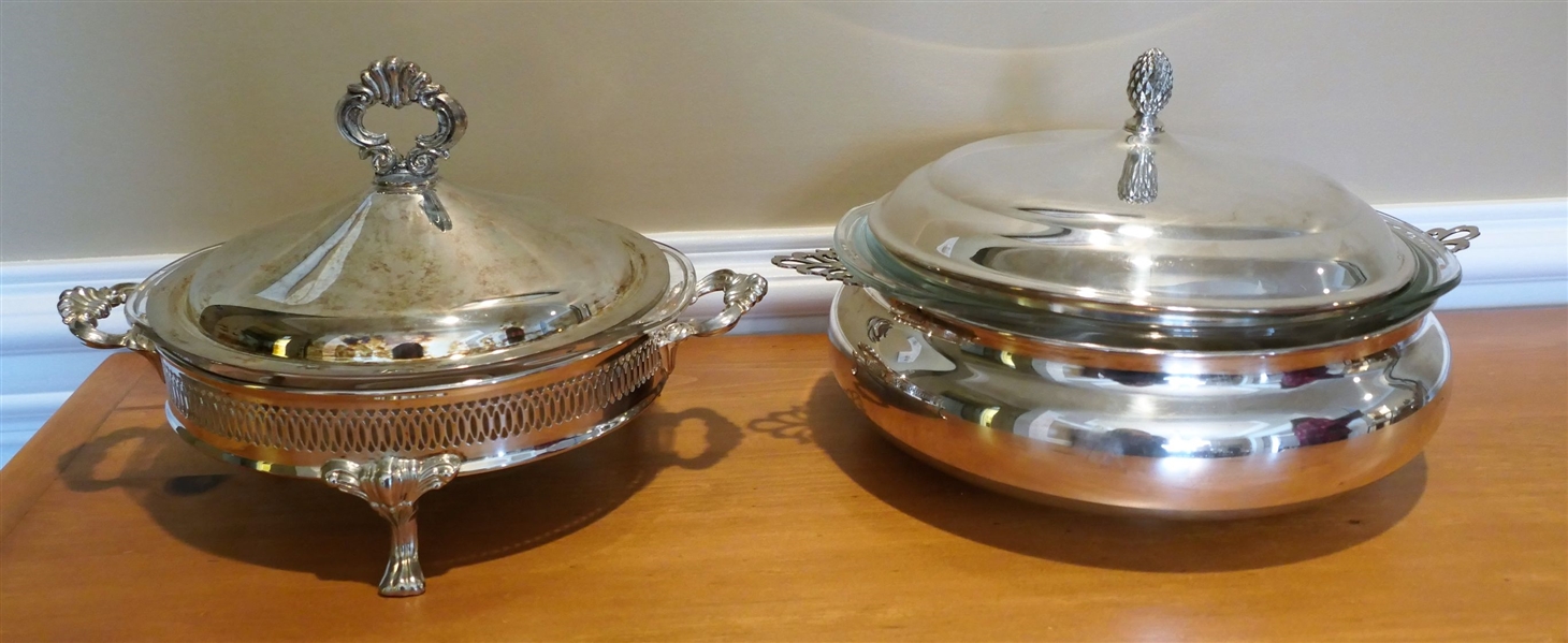 2 Silverplate Dishes, Large Round with Pineapple Finial and Footed - Both with Glass Inserts - Largest Measures 10 1/2" Across