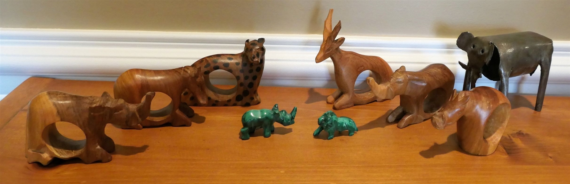  Lot of 10 Wood Carved Animal Napkin Rings, Metal Elephant Figure, and 2 Carved Malachite Stone Animals - Malachite Rhino Measures 1" tall 2" Long