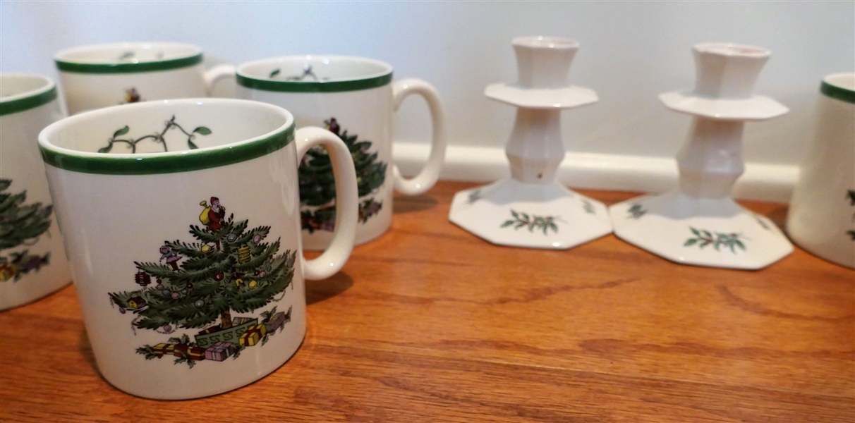 9 Spode Christmas Tree Mugs and Pair of Nikko Candle Sticks 