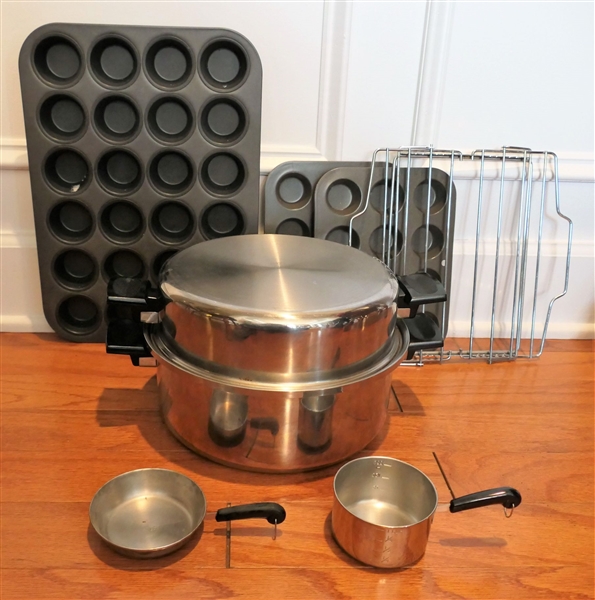 Ecko Stainless Pot with Lid, 3 Muffin Tins, Revere Mini Pan and Measuring Cup, and Adjustable Cooling Rack 