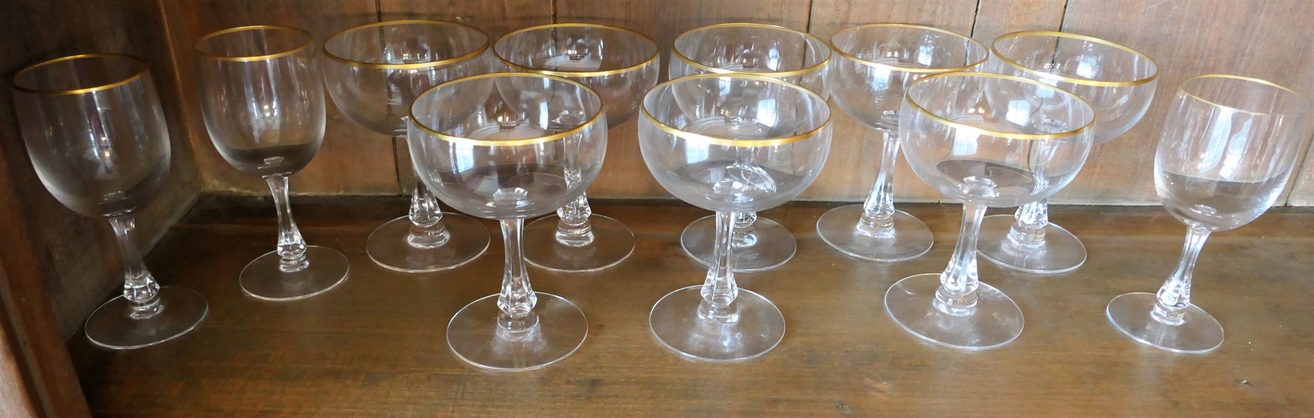 11 Signed Fostoria Gold Trimmed Glasses - 3 Small Wines and 8 4 3/8" Champagne Coupes