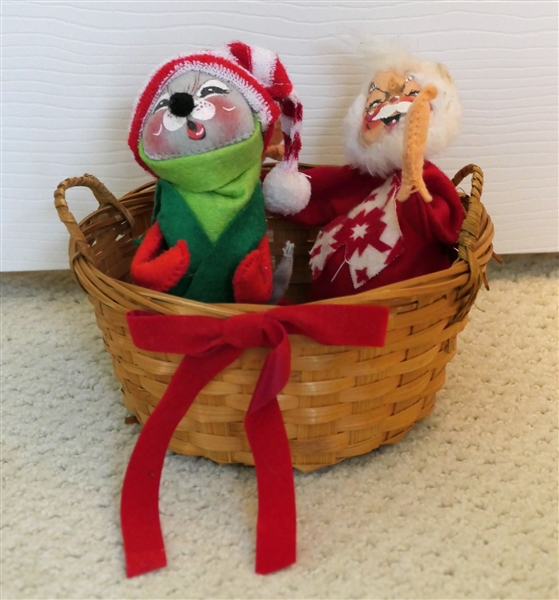2 Smaller Annalee Mobility Dolls - Santa and Mouse with Basket - Santa Measures 7" Tall - Sitting