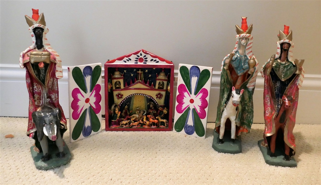 Handpainted Nativity Display with Closing Doors - Leather Hinges and 3 Paper Mache Wisemen - Nativity Measures 9" tall 7" by 3 1/4"