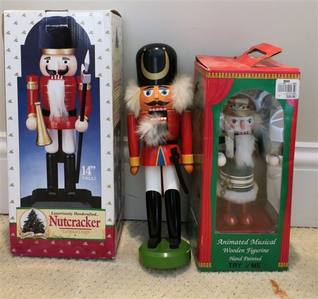 3 Wood Nutcrackers - Animated Hand Painted in Original Box, 14" European Design in Original Box, and Wood with Real Fur Hat and Beard