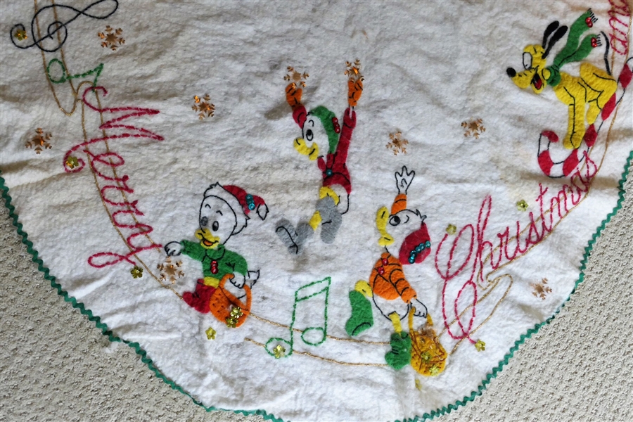 Vintage Disney Felt Table Cloth with Donald and Daffy Duck, Dumbo, Pluto, and Bambi - Merry Christmas and Happy New Year Embroidered - Ric Rack Trim  -Measures 48" by 35"