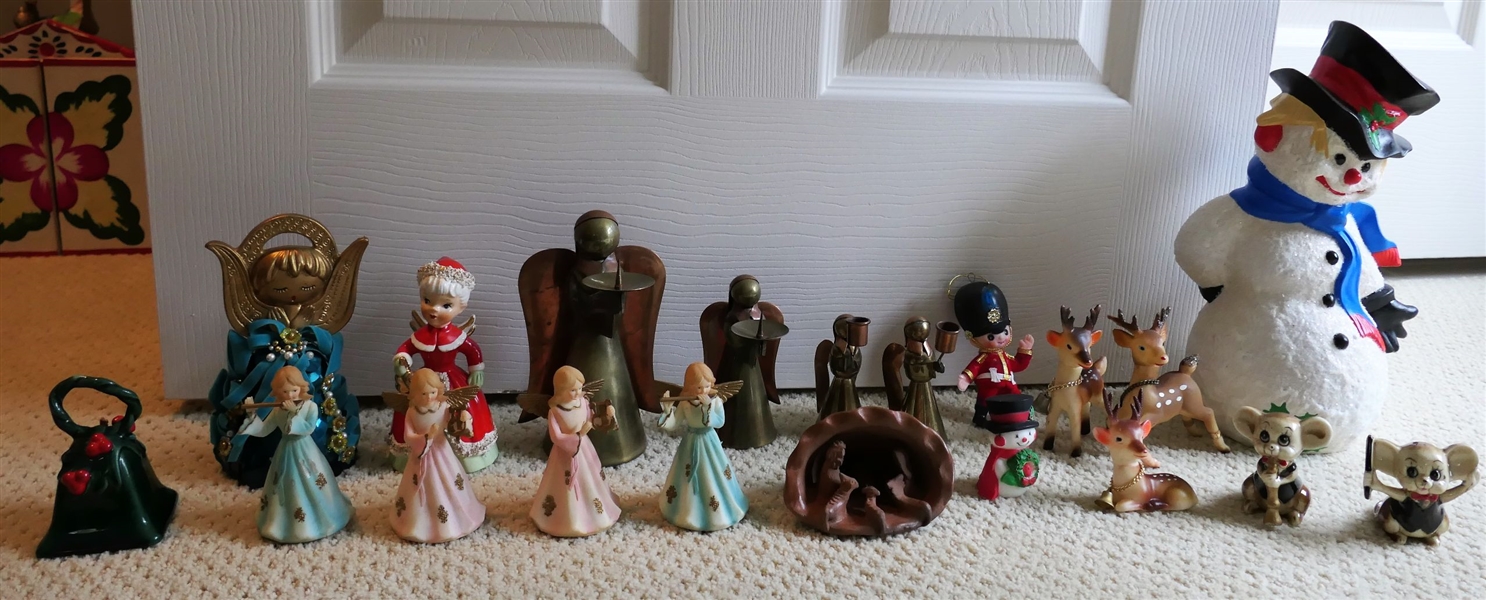 Lot of Vintage Christmas Figures including 11" Snowman, 2 1/2" Mice, 1956 Napco Christmas Bell, 