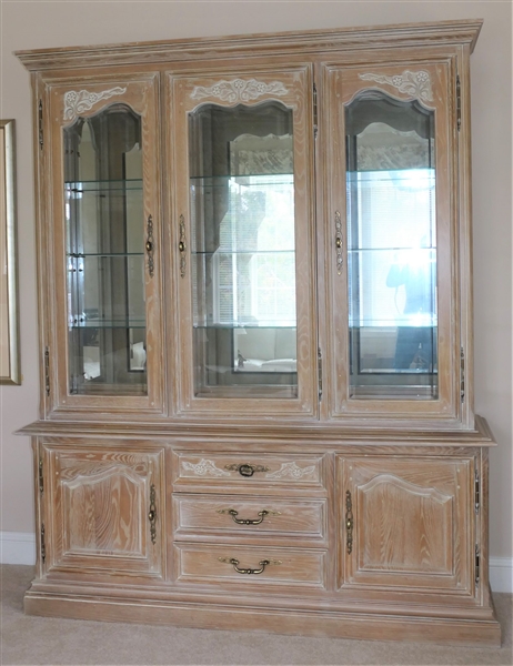 Beautiful Large Pennsylvania House Lighted China Cabinet -  Light Weathered Oak - Glass Shelves with Grooved Plate Holders - Beveled Glass Doors - Mirrored Back - Measures - 83" tall 68" by 17" 
