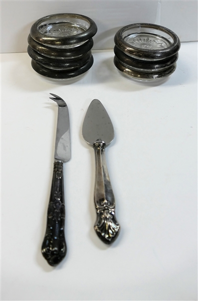 7 Sterling Silver Rimmed Coasters and 2 Sterling Silver Handled Serving Pieces - Cheese Server and Sheffield Cheese Knife
