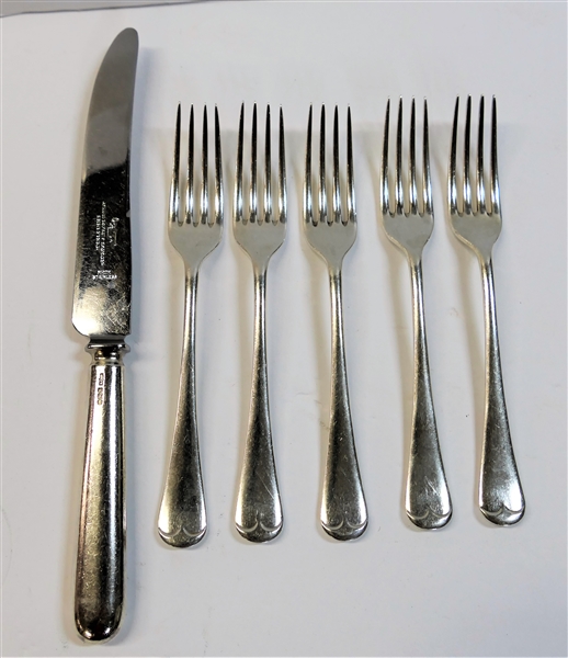 6 Pieces of Hallmarked Sterling Silver Flatware - 5 Heavy Forks and 1 Sterling Handled Knife